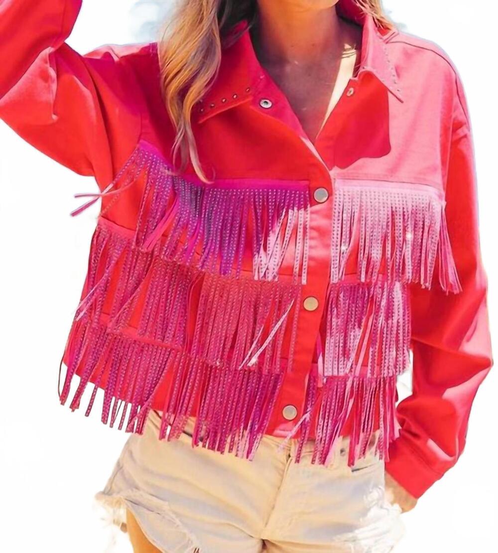 NEW BIBI rhinestone fringe studded jacket in fuchsia